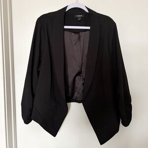 Torrid Cropped Open Front Black Blazer with Ruched Sleeves